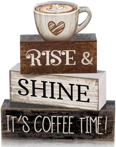 Moucuny 4 Pcs Farmhouse Coffee Bar Sign Decor Wooden It's Coffee Time Sign