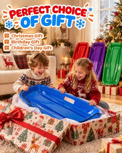 35-Inch Snow Sleds for Kids, Plastic Toboggans with Pull Ropes