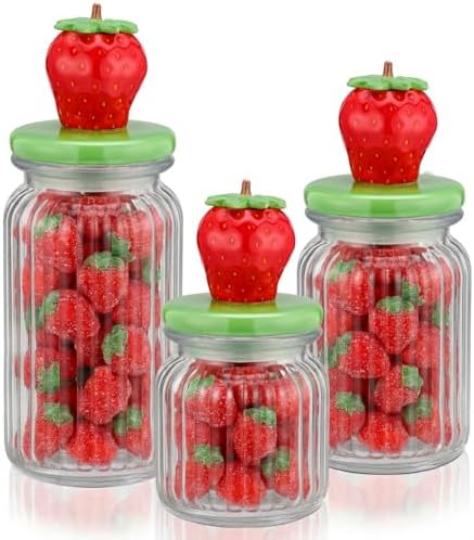 Mimorou 3 Set Strawberry Candy Glass Jars with Ceramic Lids 44oz 33oz 22oz Summer Strawberry Cookie Jars Airtight Glass Food Storage Containers for Summer Party Tea Cookie Snacks Sugar