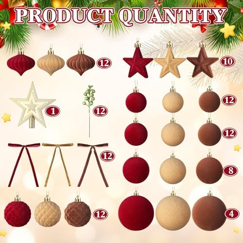Hollowfly 95 PCS Velvet Christmas Tree Decor Set, Burgundy, Brown, Khaki