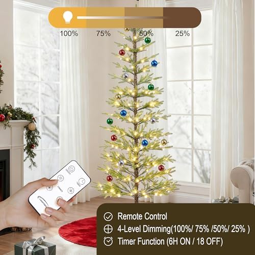 Lightshare 7.5FT 180L Warm White Evergreen Pine Needle Tree, Pencil Christmas Tree Lighted Pyramid Design with Ornaments, Remote Control & Dimmable, Artificial Christmas Holiday Decoration
