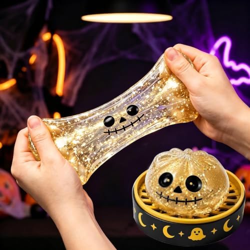 Halloween Spooky Pumpkin Stress Ball Squeeze Toy for Adults, Slow Rise Glitter DumplingSpooky Ghost Decorations, Halloween Cute Pumpkin Squeeze Fidget Toy for Stress Anxiety Relief(Yellow)