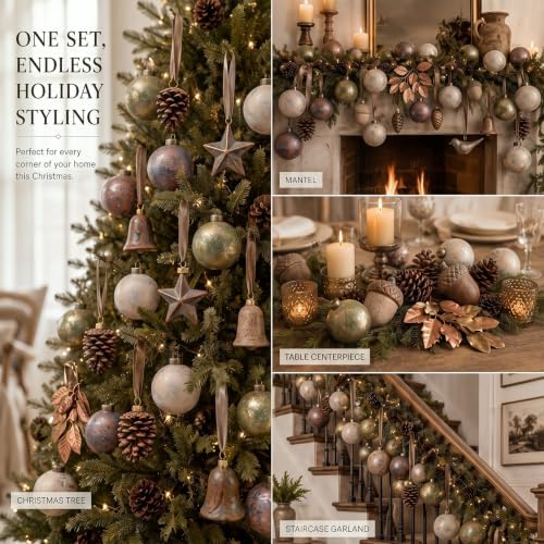 Yunlly 12 Pcs Neutral Christmas Ornament, Rusty Green Ivory Blue, 3.15''