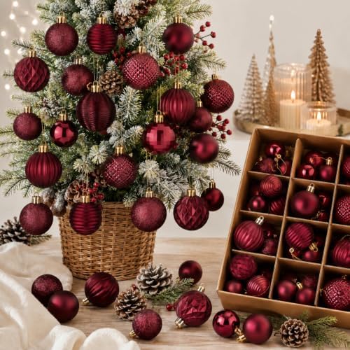 Lunmon 64 Pcs Burgundy Maroon Christmas Ball Ornaments 1.57/1.97/2.36 Inch
