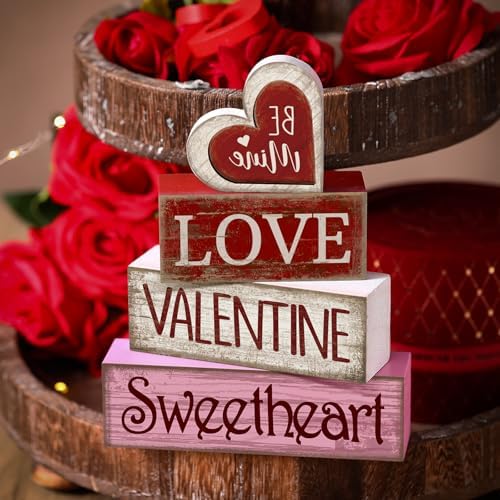 Lineshading 4 Pcs Valentines Day Table Decorations, Be Mine Wood Heart Sign