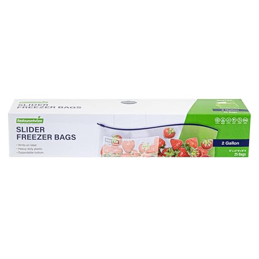 Restaurantware-Bag Tek 2 Gallon Freezer Slider Bags, 25 Disposable Zipper Pouch Bags - Slide Zipper, Expandable Bottom, Clear Plastic Freezer Bag, With Write-On-Label, For Food Storage