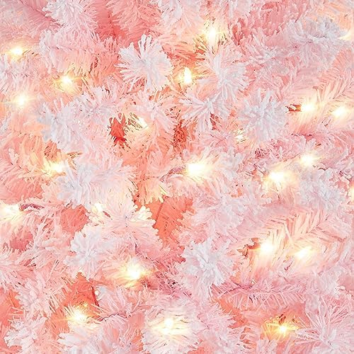 Yaheetech 7.5ft Pre-lit Snow Flocked Pencil Christmas Tree, Pink Gradient