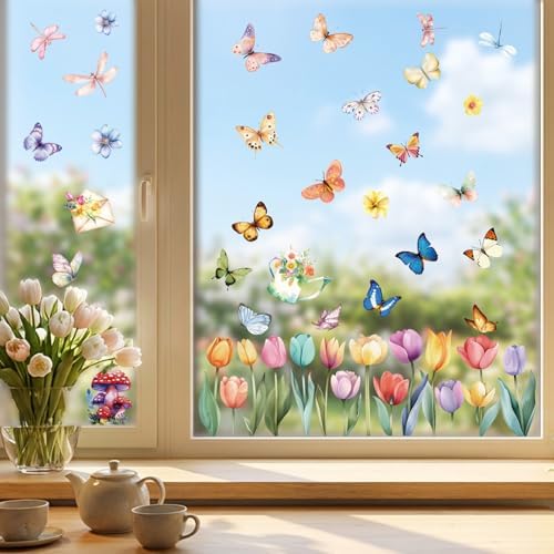 9 Sheets Spring Window Clings Decor, Tulip Floral Butterfly Window Stickers
