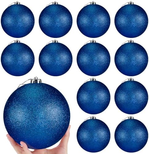 Poen 12 Pcs 6 Inch Large Glitter Christmas Ball Ornament, Dark Blue