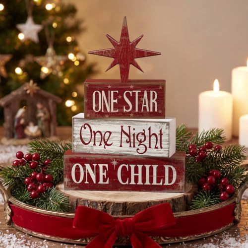 Lineshading 4 Pcs Christmas Nativity Table Decor, Bethlehem Star Wood Sign