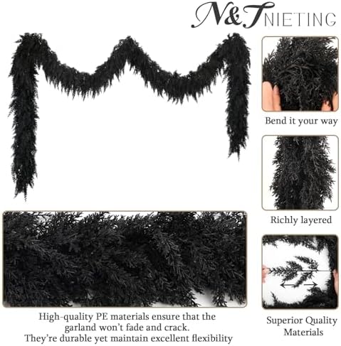 9 FT Halloween Cedar Garland, Black Real Touch Soft Christmas Decorations