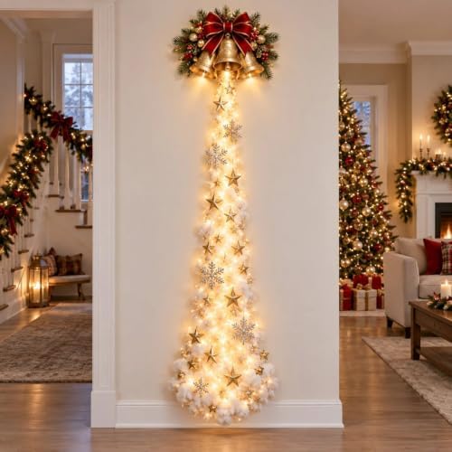 Christmas Magic Trail Wall Light -3D LED Glowing Christmas Scene Wall Decoration, Santa Sleigh Reindeer Hanging Decoration Indoor Holiday Decor for Living Room, Festive Xmas Gift，Christmas Bell