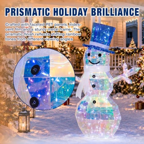 Hykolity 4 FT 2.5D Iridescent Prismatic Lighted Snowman, Outdoor Christmas Snowman Decoration with 100 Cool White LED Lights, Top Hat and Scarf for Yard, Lawn and Porch