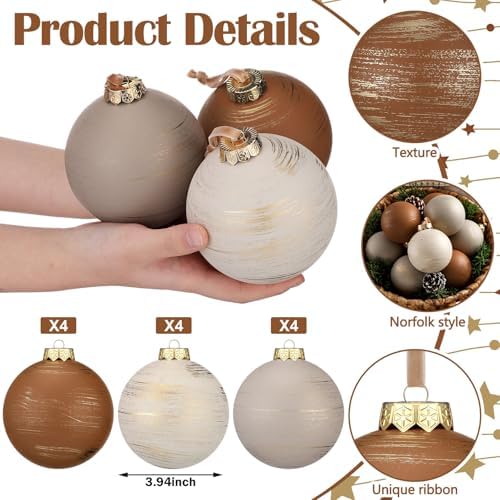 Yunlly 12 Pcs Neutral Christmas Ornament, Brown Ivory Beige, 4''