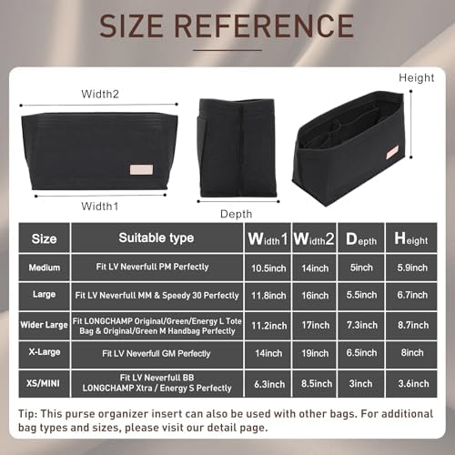 Doxo Purse Organizer Insert for Handbags & Base Shaper 2pc Set, Felt Neverfull PM Organizer Insert, Tote Bag Organizer with Zipper Pocket and Bottle Holder, Fit Neverfull PM and More, Black-M