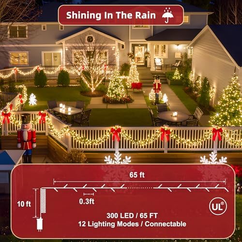 300 LED Outdoor Christmas Lights 75ft, 12 Lighting Modes Indoor String Lights Dimmable & Timer Memory, Outsite Waterproof Tree Lights for Xmas Garden Wedding Party Holiday Decorations Warm White