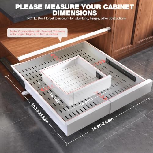 Seinloes 4 Pack Pull Out Cabinet Organizer Expandable Width(15"-25") and Depth(17"-24"),Slide Out Drawers With Raising Pad for Framed Cabinets,No Drill Roll Out Shelves for Kitchen,Bathroom,White