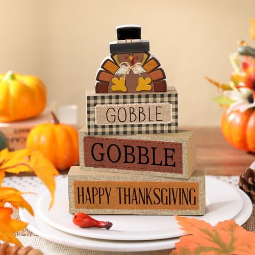 Lineshading 4 Pcs Thanksgiving Table Decor, Gobble Turkey Wooden Block Sign
