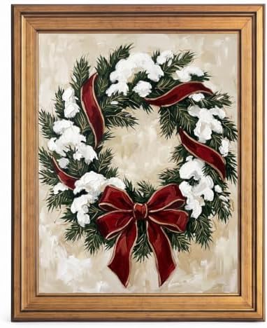 Framed Canvas Wall Art Expressive Painterly Evergreen Wreath Snow White and Red Accents Canvas Print Poster Gold Frame Wall Decor for Living Room Winter Art, Holiday Decor - Inch 8x10