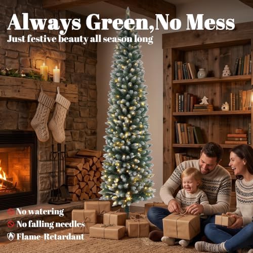 HOMCOM 6ft Pencil Prelit Christmas Tree, Dual Color, Flocked, Green White