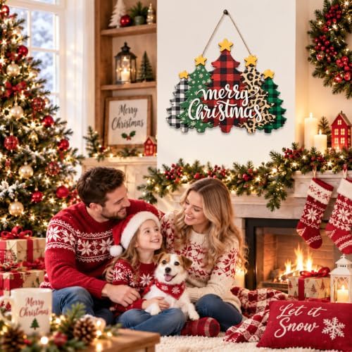 Christmas Decorations Plaid Leopard Christmas Tree Wooden Hanging Sign
