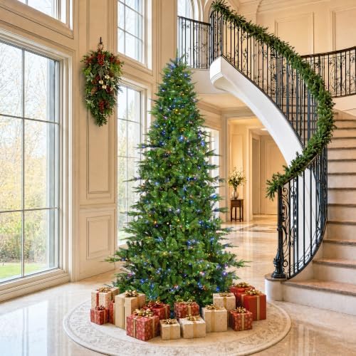 Glitzhome Artificial Christmas Tree, 11ft Prelit Christmas Trees Vibrant Evergreen Fir with 3,150 Warm White/Multi-Color Twinkling Lights, 9 Function w/Foot Pedal and Remote Control,Simple Setup