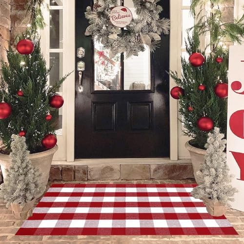 Christmas Red and White Plaid Door Mat, 3' x 5'Cotton Hand-Woven Layered Entry Mat for Front Porch, Entryway, Outdoor Holiday Decor, Washable Buffalo Check Doormat for Home, Patio, Kitchen