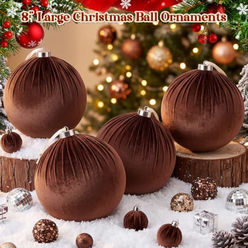 Weysat 6 PCS 8" Extra Large Velvet Christmas Ball Ornaments, Brown