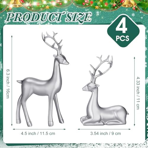 Thyle 4 Pcs Christmas Reindeer Decor Indoor Silver Resin Deer Figurine