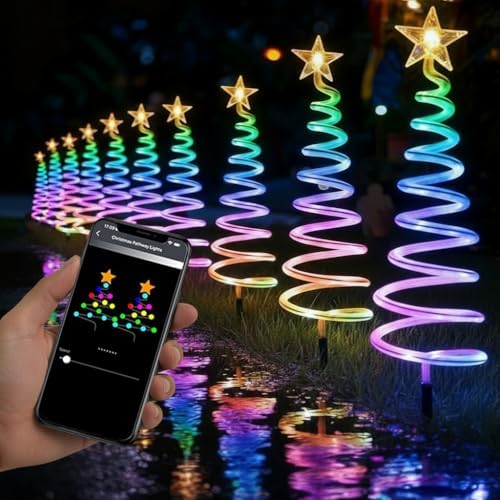 10 Pack Christmas Pathway Lights Outdoor with RGBW DIY Modes, APP Control Spiral Lighted Xmas Tree Path Lights with Scene Modes, Schedule & Music, Christmas Yard Decorations Outdoor Waterproof