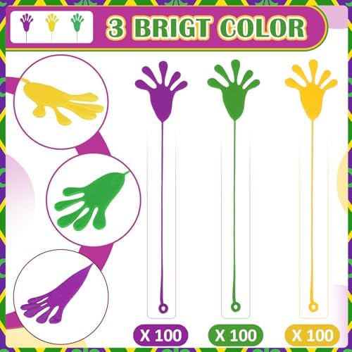 Realspring 300 Pcs Mardi Gras Throws Sticky Hands Purple Gold Green Favors
