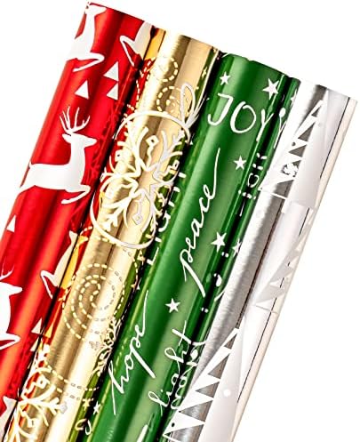 WRAPAHOLIC 30 Inch Christmas Wrapping Paper Roll - Jumbo Roll Red Green Gold and Silver Snowflakes Trees Holiday Collection with Metallic Foil Shine - 4 Rolls - 30 Inch x 120 Inch Per Roll