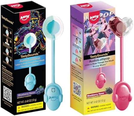 AMOS TastySounds Audio Lollipop 2-Pack Combo - Blackberry & Blueberry Flavors, Bone Conduction Music Candy with Earbud Design