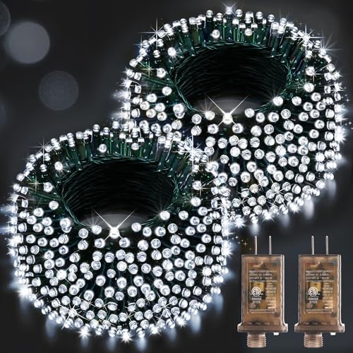 Hezbjiti 2 Pack 1000 LED 403 FT Christmas String Lights Outdoor, 8 Lighting Modes IP44 Waterproof Fairy Lights with Timer and Dimmable Function for Party Tree Decorations (Cold White, Green Wire)
