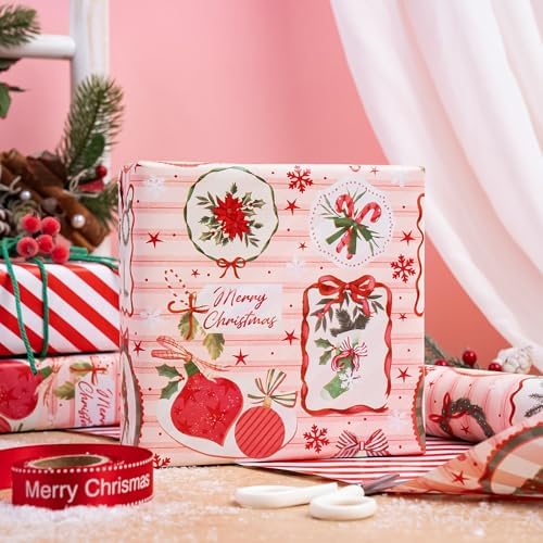 WRAPAHOLIC Reversible Christmas Wrapping Paper - Mini Roll - 17 Inch x 33 Feet - Pink & Red Classic Christmas Decor and Stripes Wrapping Paper for Xmas Holiday, Party Celebration