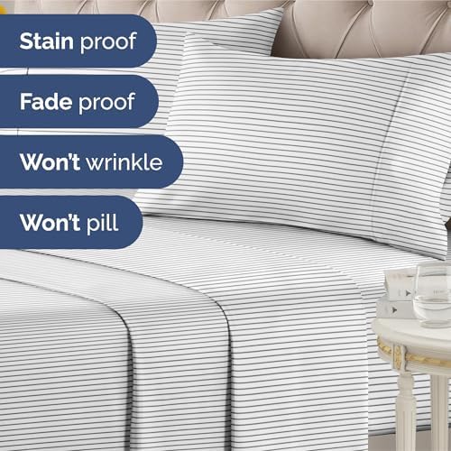 Queen 4 Piece Striped Sheet Set - Soft, Breathable & Cooling - Fine Lines