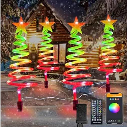 4 Pack Christmas Pathway Lights Outdoor with RGBW DIY Modes, APP Control Spiral Lighted Xmas Tree Path Lights with Scene Modes, Schedule & Music, Christmas Yard Decorations, Non-connectable