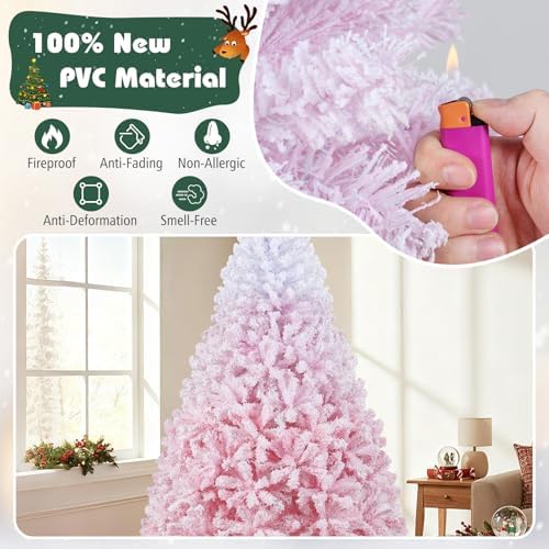 HAPPYGRILL 7 FT Pre-lit Flocked Christmas Tree Pink Hinged Xmas Tree with 1264 Branch Tips, 350 Warm White LED Lights & Folding Metal Stand, for Home Office Carnival