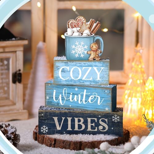 Lineshading 4 Pcs Christmas Table Decorations Wooden Blue Hot Cocoa Signs