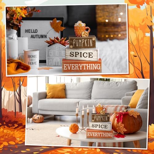 Moucuny 4 Pcs Fall Coffee Table Decor, Wooden Hot Cocoa Cup Block Sign