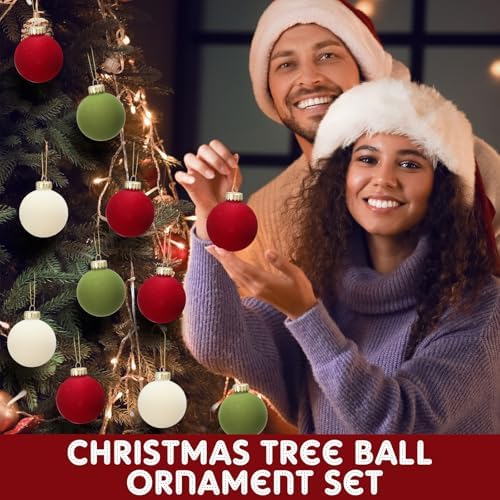 Gemscream 30 Pcs Velvet Christmas Balls, 3.15" Flocked Ornaments, red Green