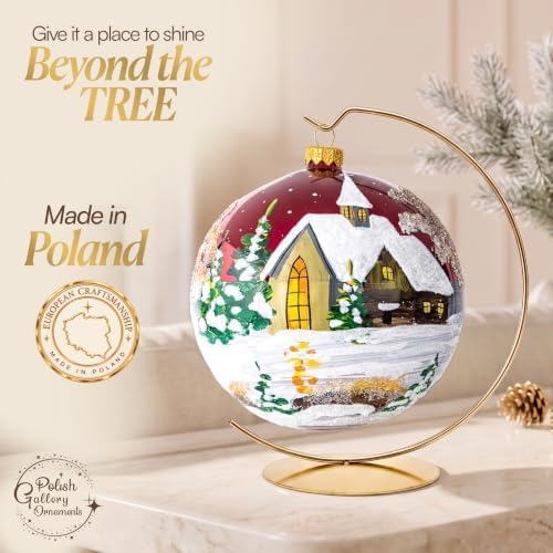Hand Blown Glass Christmas Ornaments Ball, Cottage Burgundy 6 in + Stand