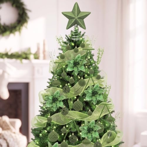 84 Pcs Christmas Tree Decorations Star Topper Ornaments Artificial Poinsettia Flowers Green Balls Velvet Bow Berry Picks Christmas Tree Hanging Ornaments for Xmas Home Office Decorations