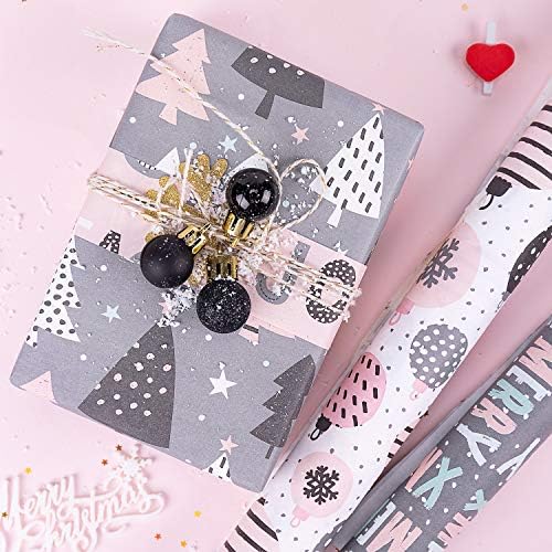WRAPAHOLIC Christmas Wrapping Paper Set - Rustic Kraft Pink and Grey Christmas Kraft Wrapping Paper Bundle with Gift Bow & Ribbon & Tag & Sticker, Perfect for Birthday, Holiday, Party