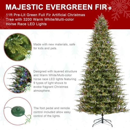 Glitzhome Artificial Christmas Tree, 11ft Prelit Hinged Holiday Tree Majestic Evergreen Fir Xmas Tree with 3200 Warm White/Multi-Color Chasing and Twinkling Lights, 9 Function w/Foot Pedal,Easy Setup