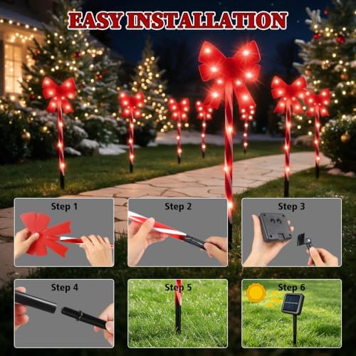 Solar 5PCS Christmas Bow Outdoor String Lights with Stakes Decor Red