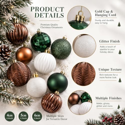 Lunmon 64 Pcs Neutral Christmas Ball Ornaments Brown Green White Xmas Bulbs
