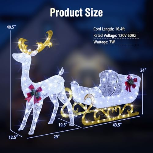 Tangkula 6 FT Christmas Lighted Reindeer & Santa’s Sleigh Set, Cold White