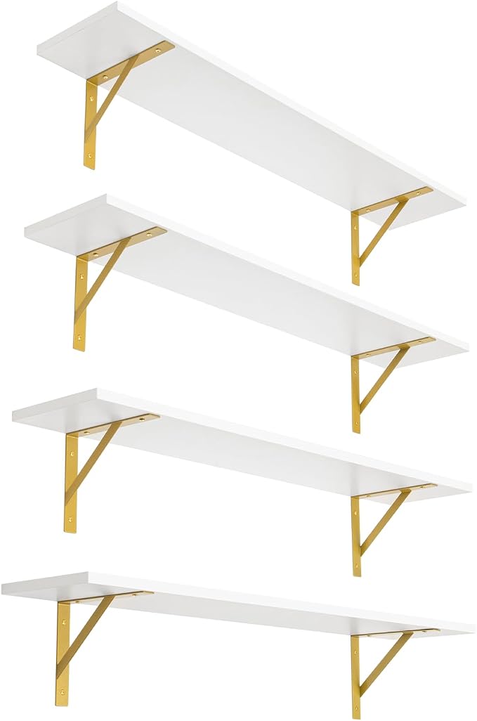 DINZI LVJ Long Wall Shelves, Set of 4, 31.5Inch Wall Mounted Shelves, Floating Shelves for wall Storage with Metal Brackets, for Living Room, Bathroom, Bedroom, Kitchen, White and Gold