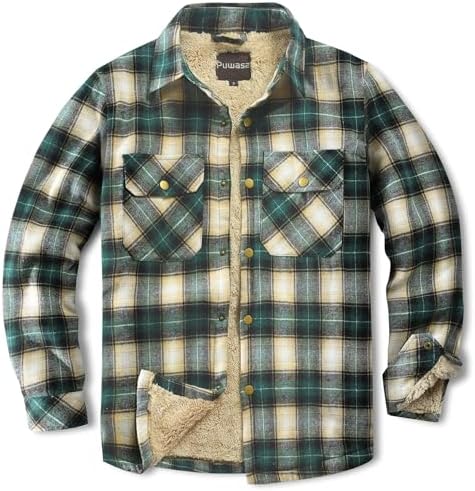 Men's Sherpa Cotton Flannel Shirt Jacket Plaid Button Coat Pocket
